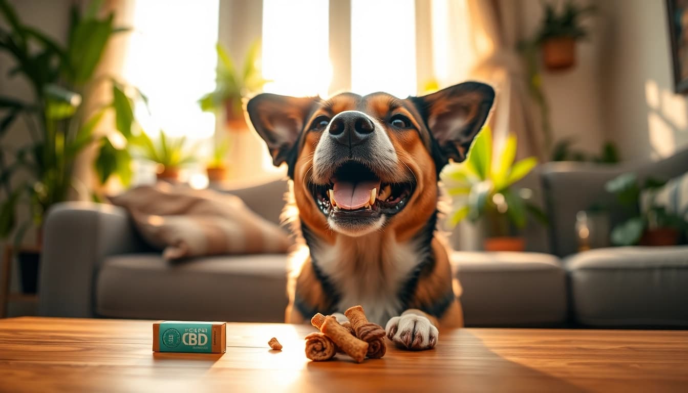 Dog happily enjoying CBD For Pet treat in a cozy living room, promoting pet wellness.
