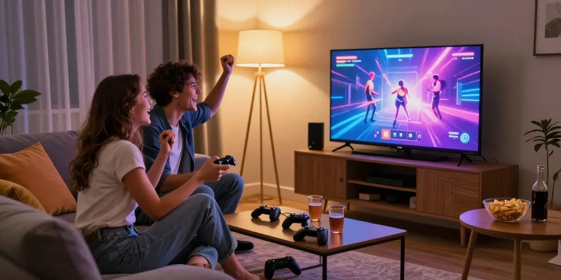 Cozy living room scene with couple joyfully playing a sex game together, enhancing adult gaming experience.