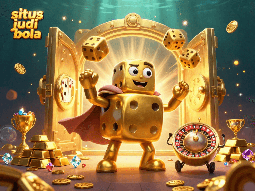 Engage with situs judi bola through a vivid 3D casino scene with golden dice and treasure