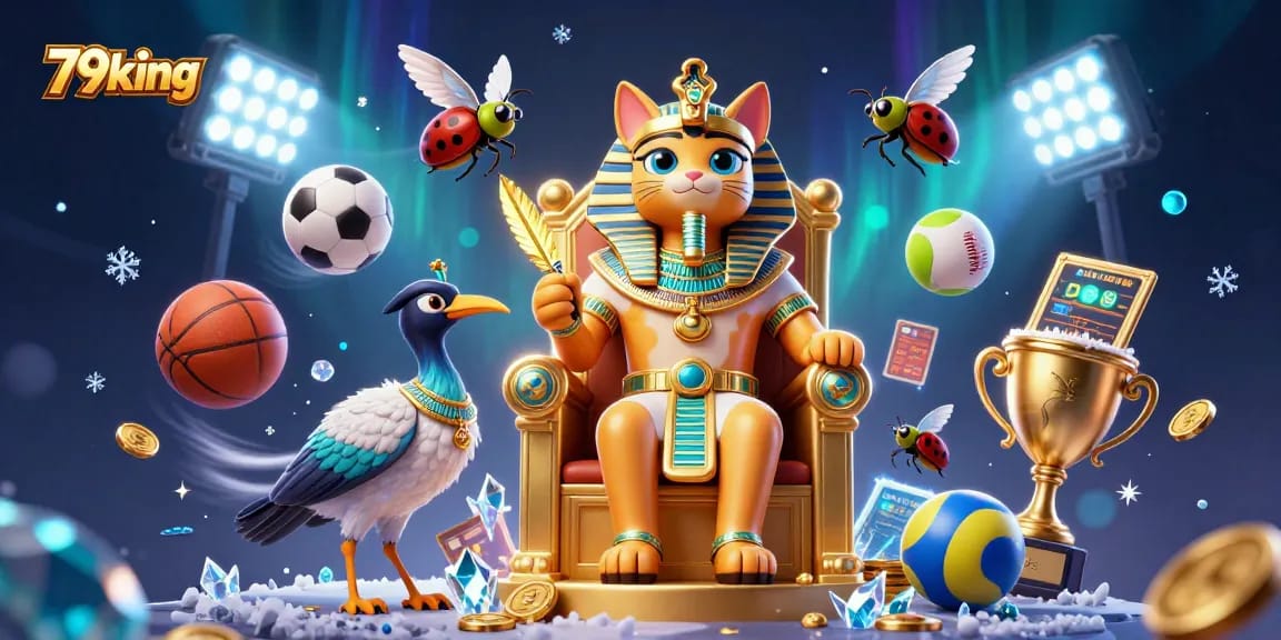 Experience the excitement of 79king with this vibrant 3D sports-themed casino illustration.
