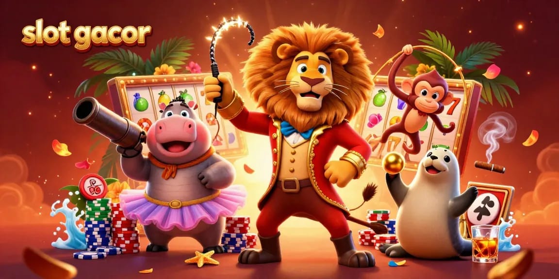 Spin the reels at slot gacor with a vibrant circus scene featuring lively characters and luck-filled symbols.