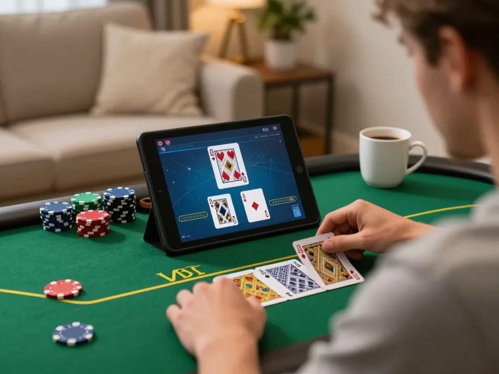 Engaged player enjoying fun88 live poker on tablet with colorful game interface.