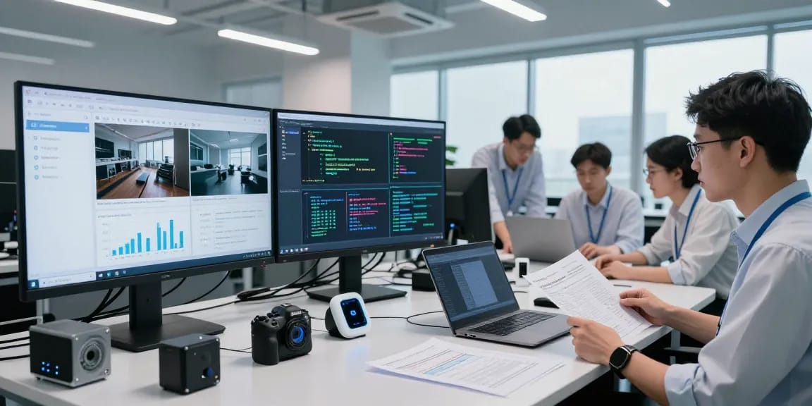 AI detector technology lab scene with data scientist analyzing images and algorithms in a bright environment