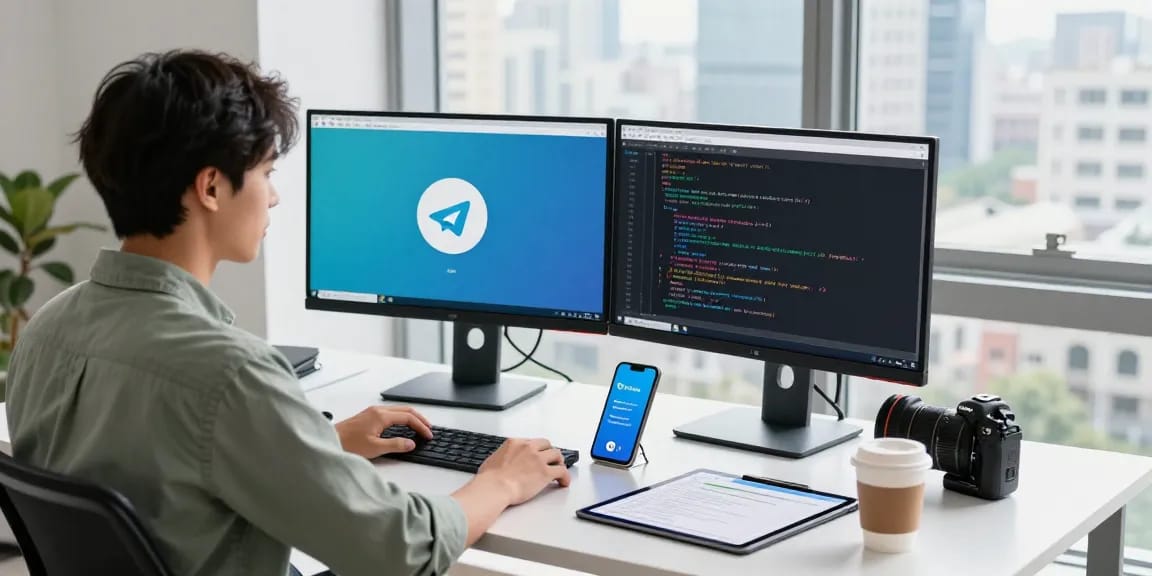 Engaged young professional using Telegram Download on dual monitors in a vibrant tech workspace.