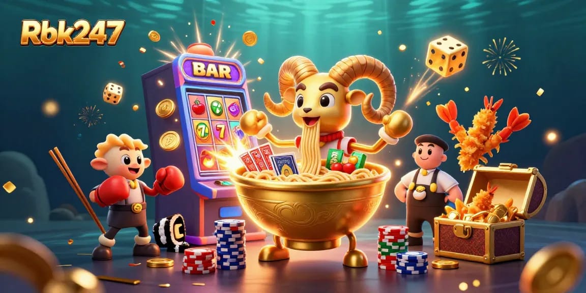 Experience Rbk247 casino excitement with a vibrant illustration of gambling elements and characters.
