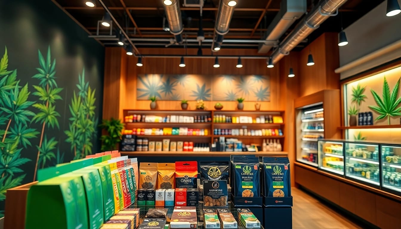 Visit our Weed Store featuring vibrant displays of cannabis products in a welcoming atmosphere.