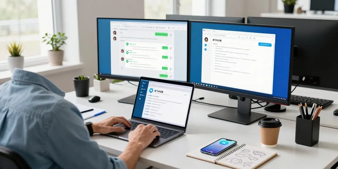 Efficient workspace showcasing 纸飞机中文版 installation on multiple screens, promoting modern tech communication.