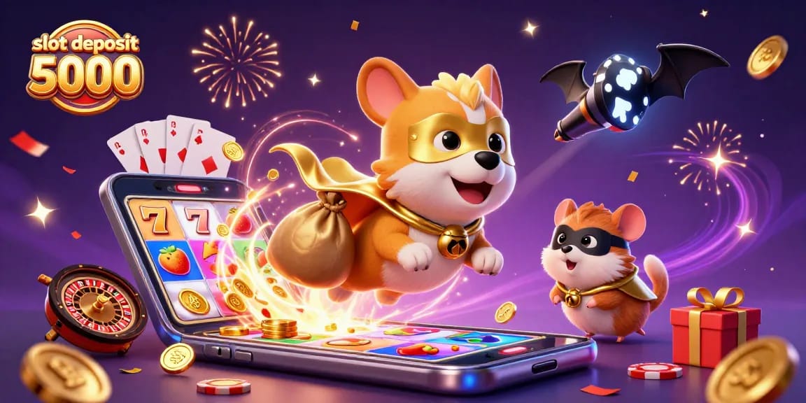 Engage with slot deposit 5000 strategy and fun through a vibrant 3D gambling-themed illustration.