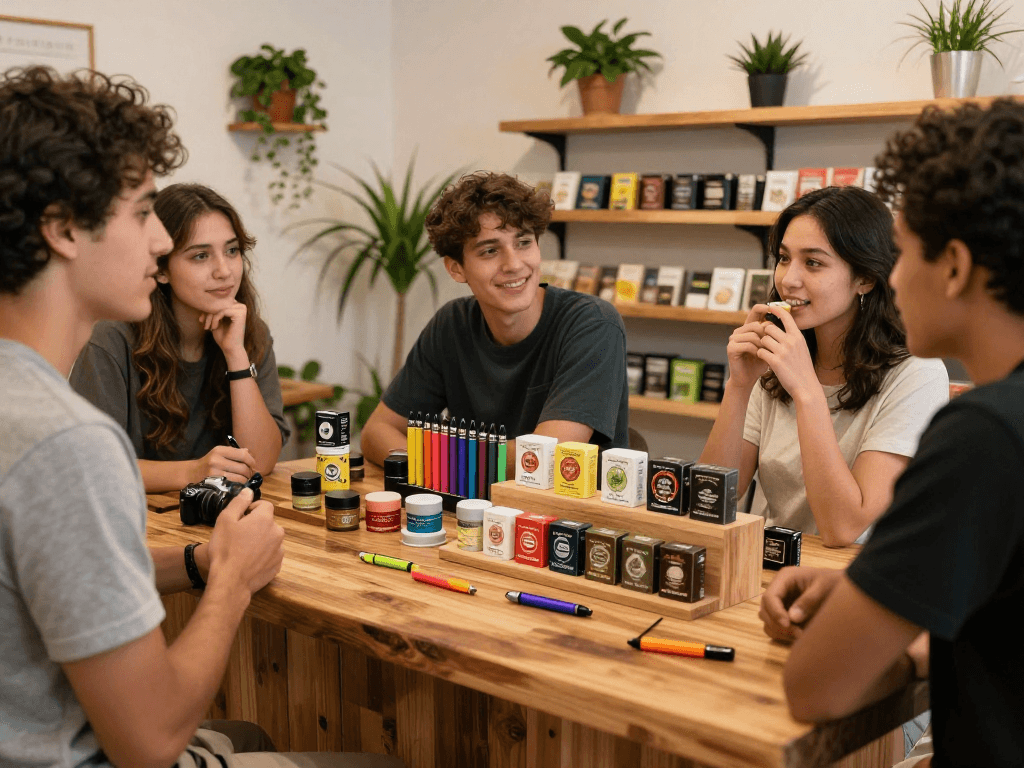Friends enjoying Cake carts at a cannabis dispensary, surrounded by colorful vape products and plants.