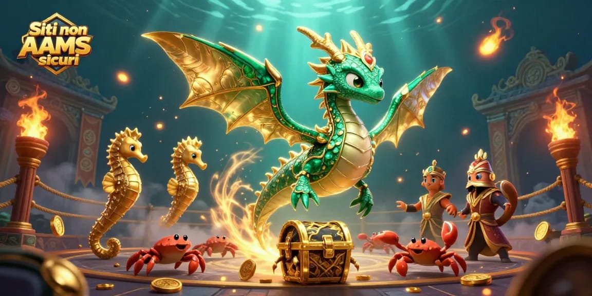 Siti non AAMS sicuri evidenziati in un'illustrazione vivace di un casinò 3D che mostra un drago marino e una guardia reale.