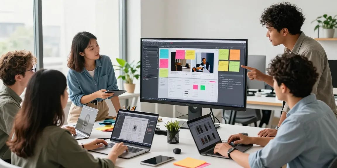 Team collaborating on a digital mixboard in a vibrant workspace.