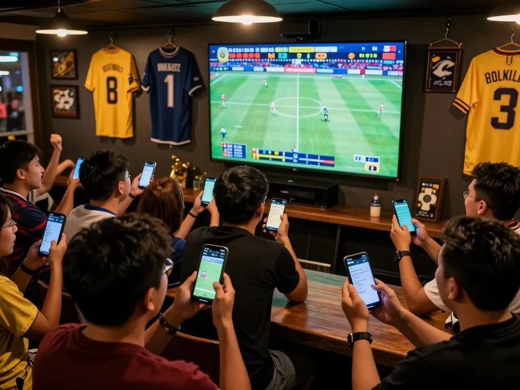 Bola Online betting app displayed on smartphone amidst exciting sports fans cheering during live match.