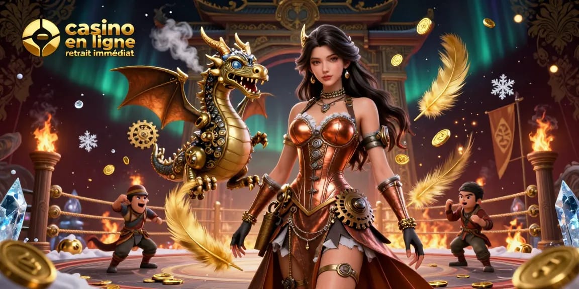 Faites l'expérience de gains excitants au casino en ligne retrait immédiat avec une magnifique femme steampunk et un dragon mécanique.