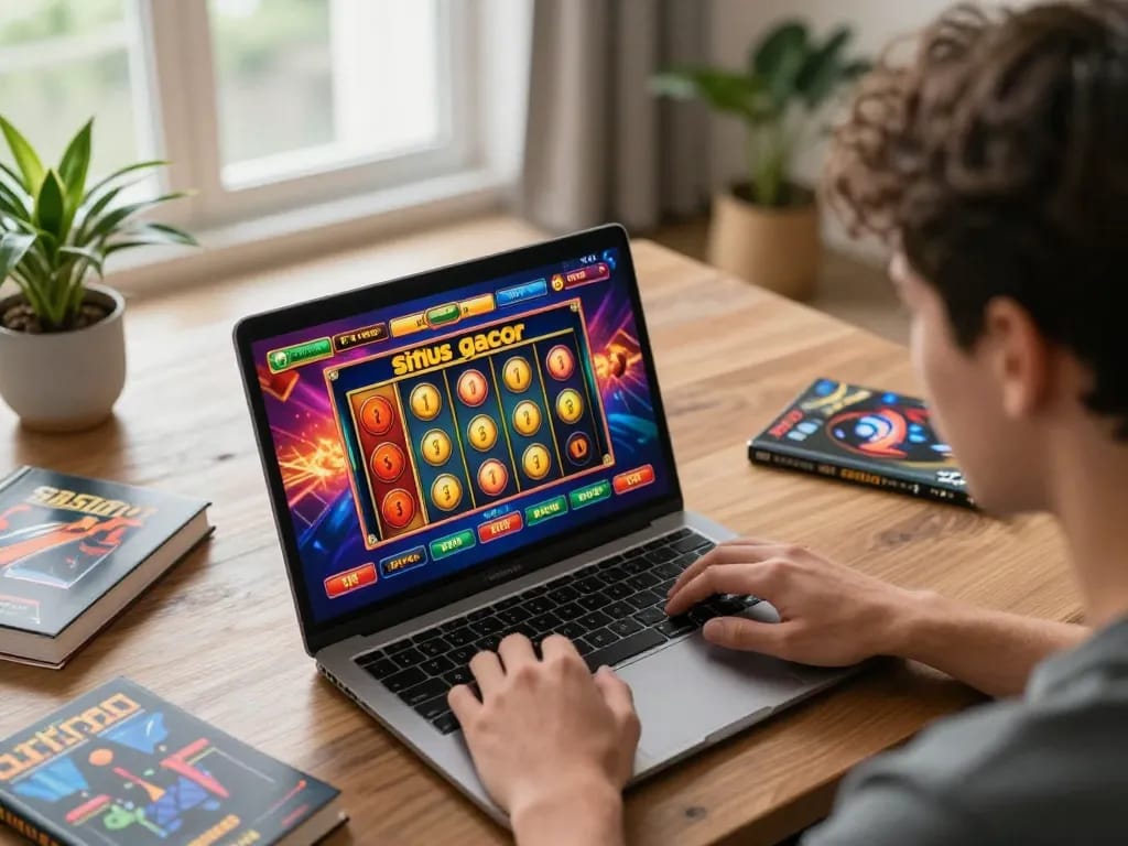 Player engaging with situs gacor slot game on laptop, showcasing vibrant online casino atmosphere.