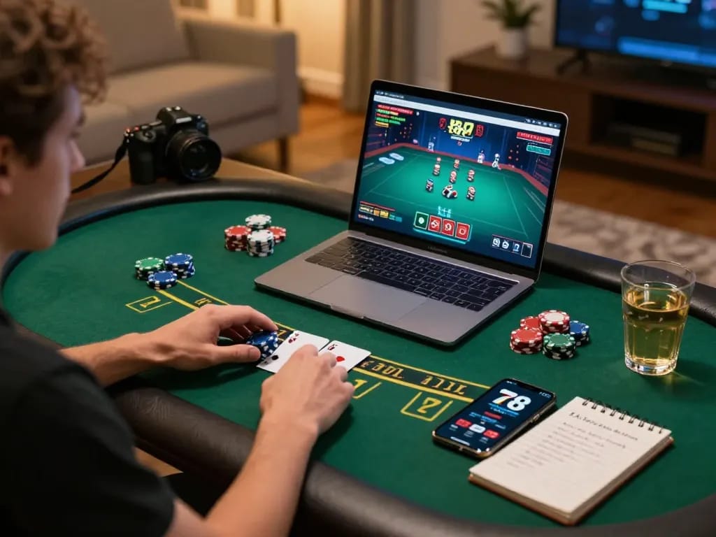 Player strategizing at home with a laptop open to 789 club blackjack game