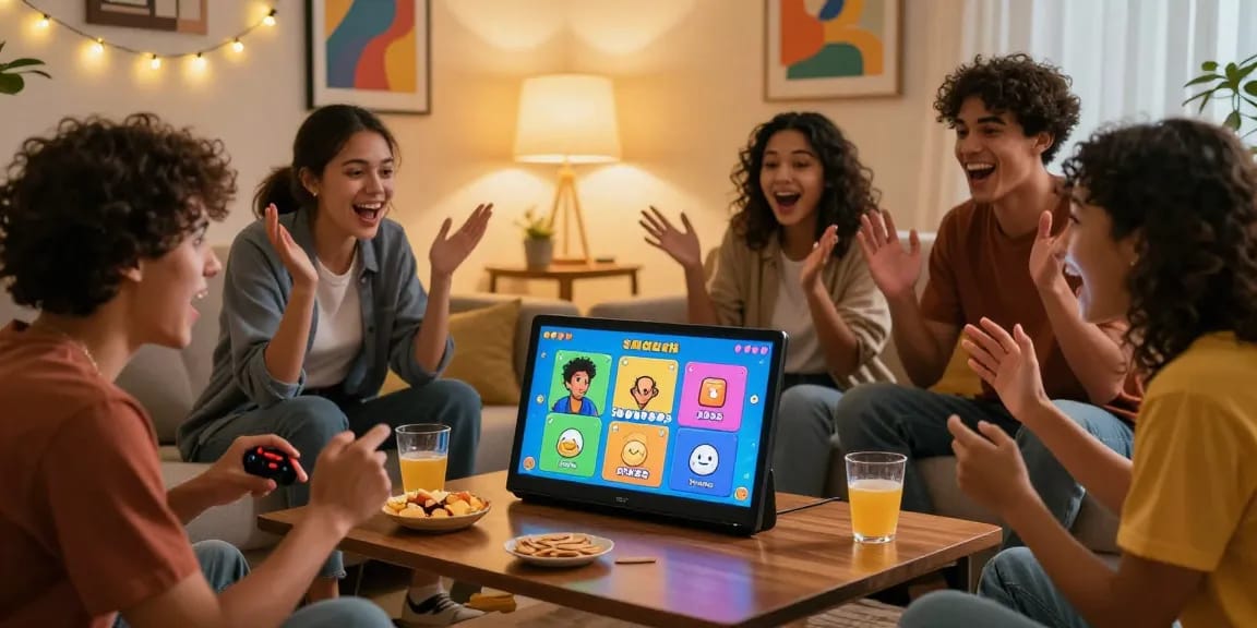 Friends enjoying Smash or Pass game with AI-generated images in a cozy setting.