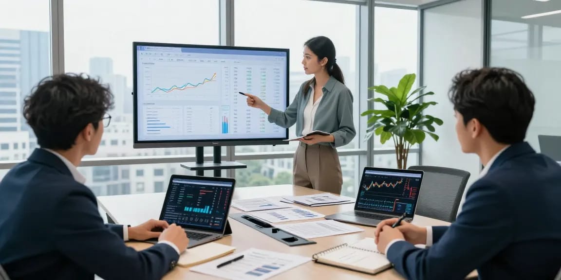 Engaging office discussion on asset tracing with financial reports and digital tools