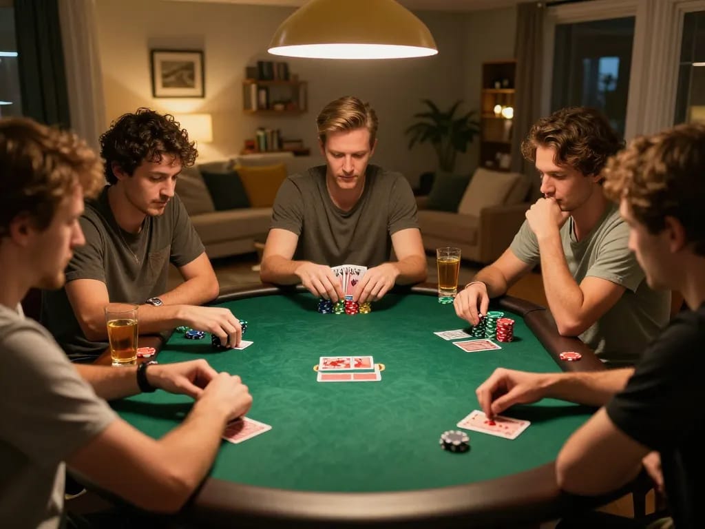 Players engaging in a tense moment during a poker game at home, showcasing hidden wiki tor strategies with chips and cards displayed.