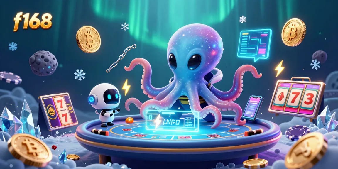 Engage with f168's alien octopus mastering poker in a vibrant cinematic casino scene.