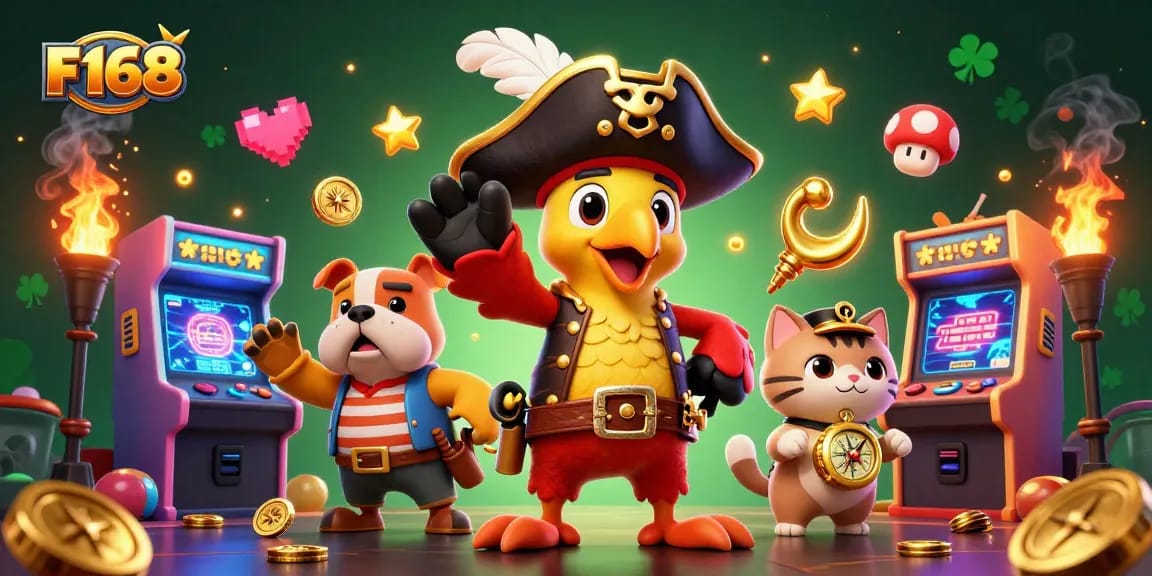 Experience the thrill of F168 gaming with colorful 3D characters and arcade elements in a vibrant casino scene.