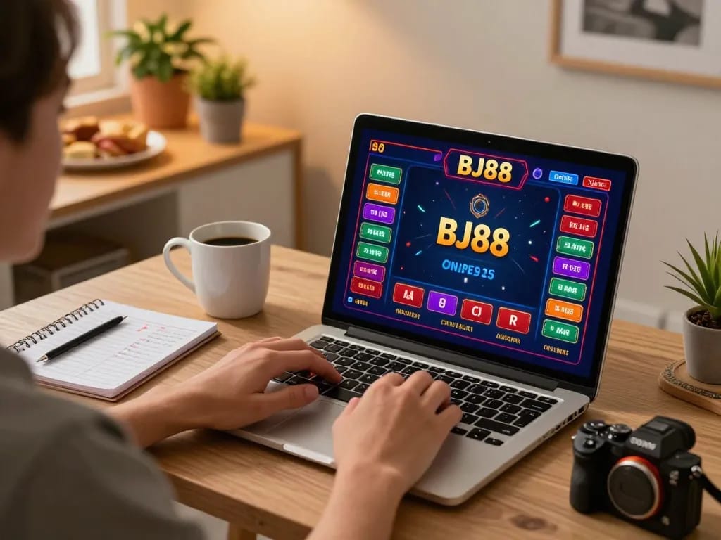 Enjoying BJ88 online casino games at home with a strategic setup and warm lighting.