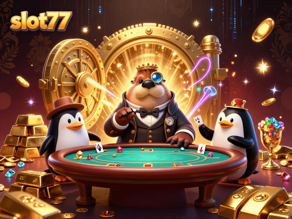 Engage in vibrant casino action with slot77 featuring a walrus, a penguin dealer, and a bluffing pufferfish.