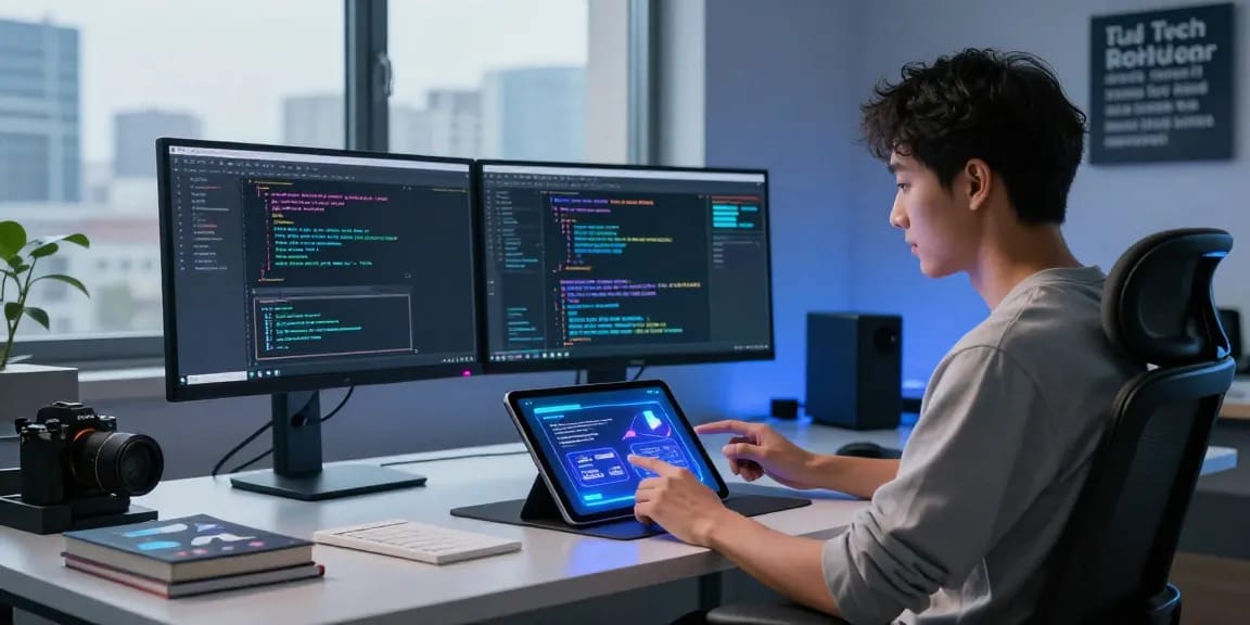 Kobold AI interaction scene showcasing vibrant holographic interface in a modern workspace with dual monitors, emphasizing innovative technology.