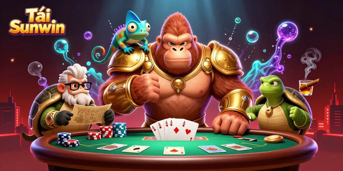 Tải Sunwin and enjoy an exciting poker scene, featuring a powerful gorilla king and vibrant game elements.
