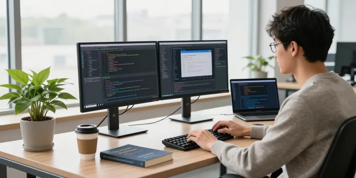 Professional tech workspace highlighting 纸飞机中文版 with developer coding at dual monitors showcasing programming.