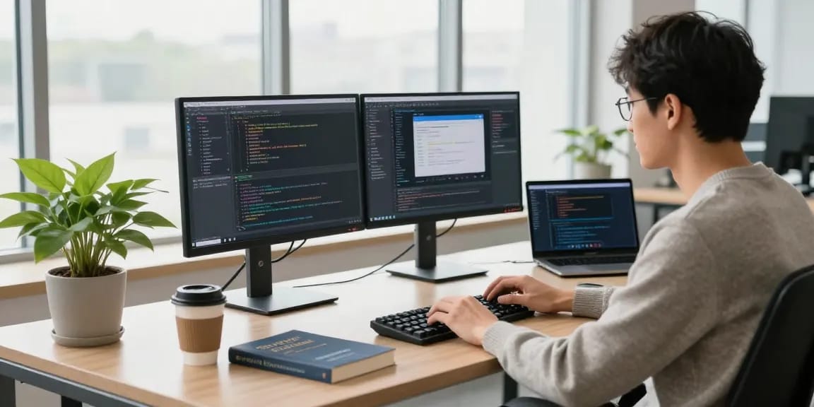 Professional tech workspace highlighting 纸飞机中文版 with developer coding at dual monitors showcasing programming.