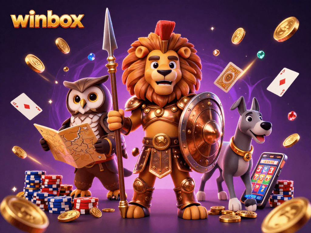 Experience the thrill of winbox as a Spartan lion and an owl strategist guard a treasure of casino riches.