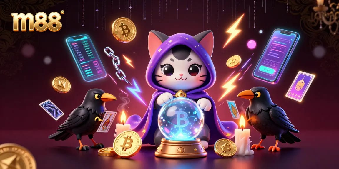 Experience thrilling gaming at m88 with a mystical cat, glowing raven, and rich casino elements.