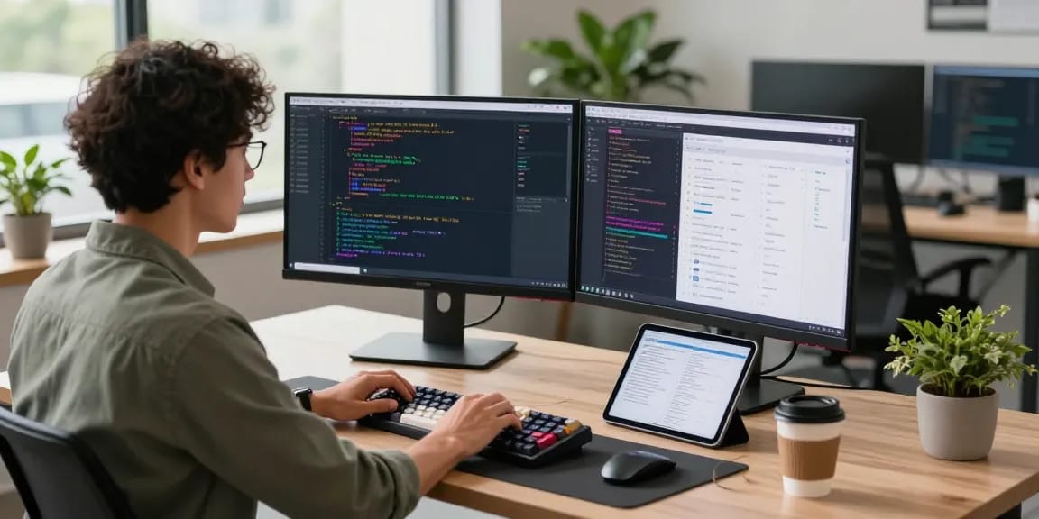 Professional developer coding in a modern workspace with 纸飞机中文版 displayed on screens, creating a dynamic tech atmosphere.