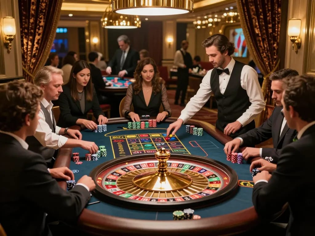 Players engaged in a thrilling roulette game at a luxurious casino, showcasing strategic betting with sunwin experience