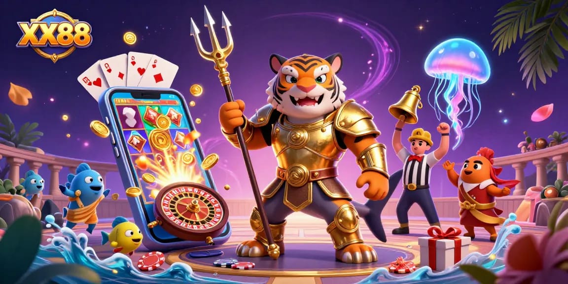 Engage in thrilling gameplay at XX88 with a shark gladiator amidst slot games and tridents.