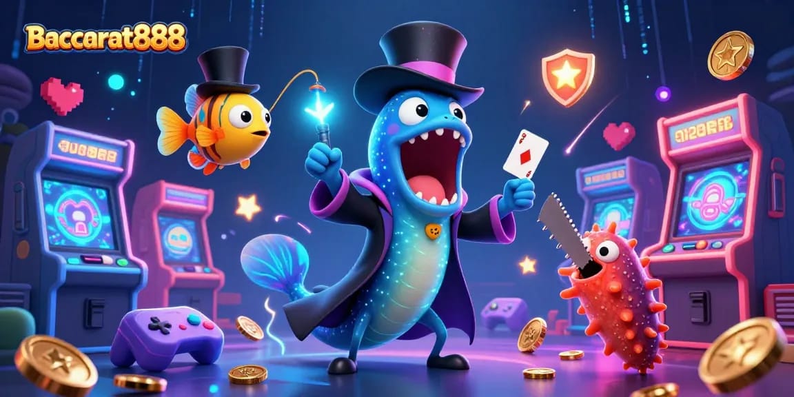 Experience Baccarat888 magic with a dazzling eel and anglerfish at a colorful casino!