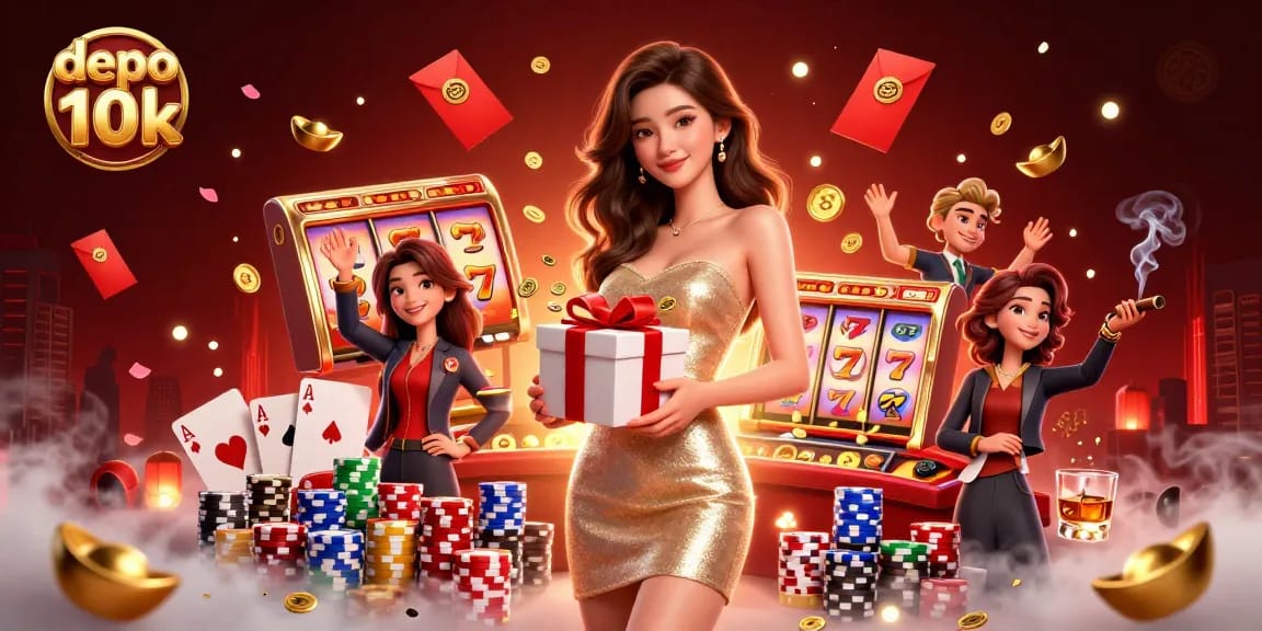 Experience excitement with depo 10k featuring a glamorous cocktail dress amid lively slot reels and festive casino themes.