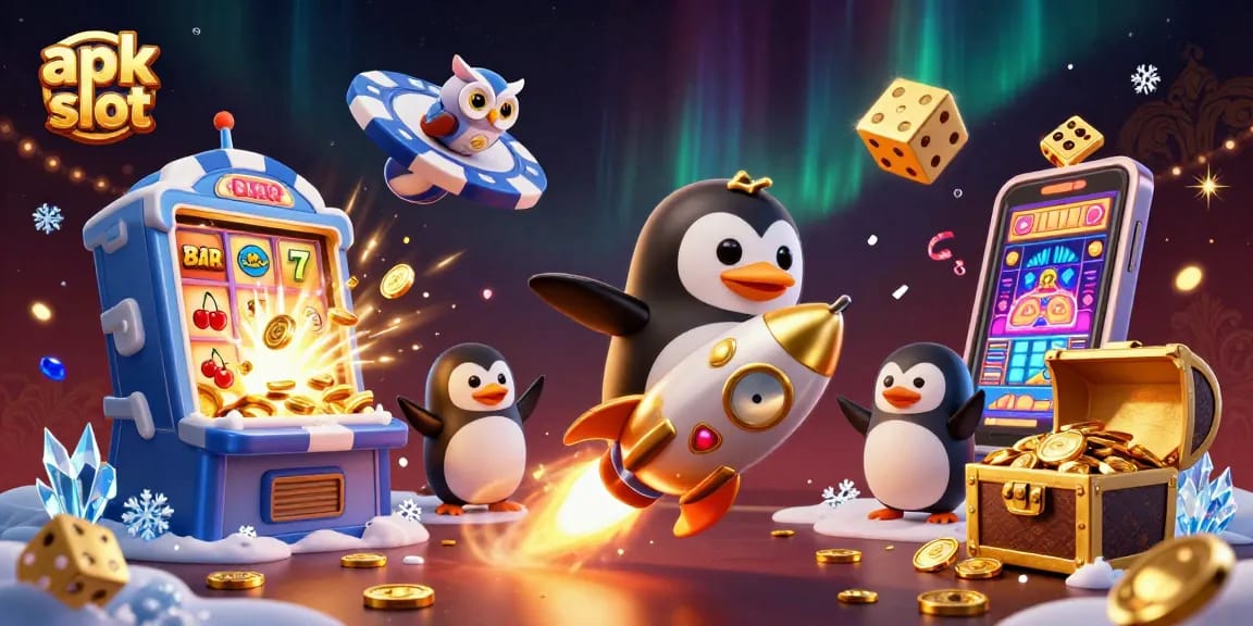 Berdandan dalam permainan apk slot, mesin slot meledak dengan koin dan simbol jackpot, menciptakan suasana kasino yang meriah.