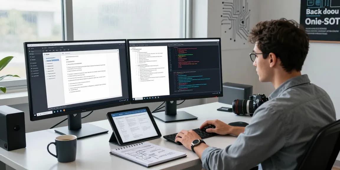 Expert in digital workspace detecting fake PDFs with advanced software tools and multiple monitors in a professional setting.