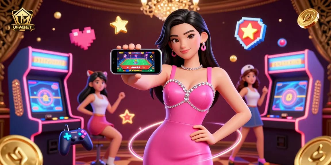 Engage with UFABET's thrilling live dealer casino experience, showcased by a stylish Asian woman in vibrant attire.