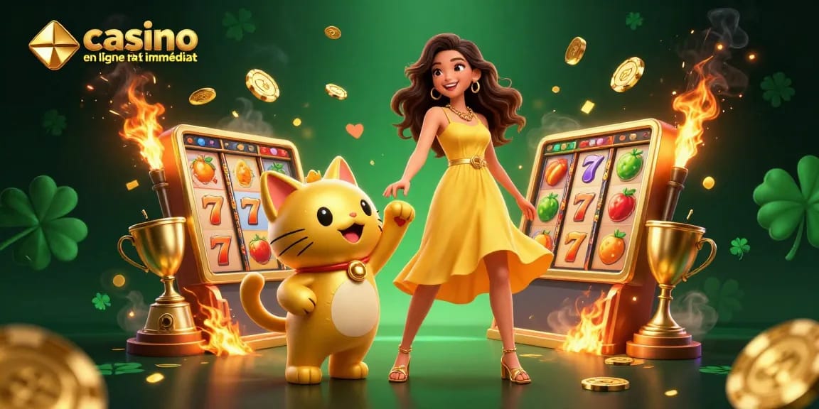 Vivez des gains instantanés avec casino en ligne retrait immédiat mettant en vedette une femme asiatique joyeuse et un chat chanceux.