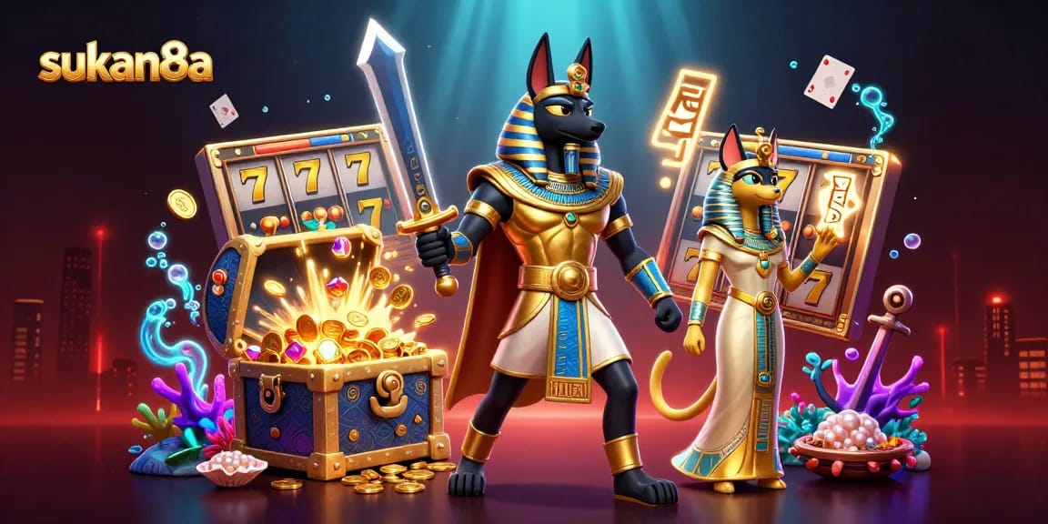 Experience the excitement of sukan8a with spinning slot reels and vibrant characters in a casino scene.