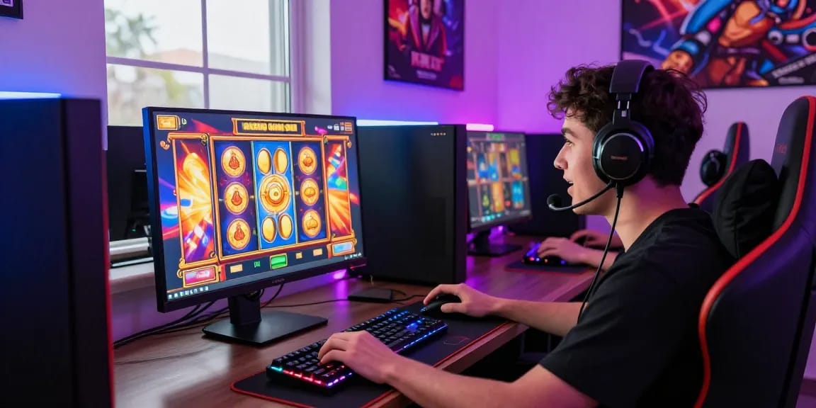 Engaged gamer playing slot depo 5k online, surrounded by gaming equipment in a dynamic atmosphere