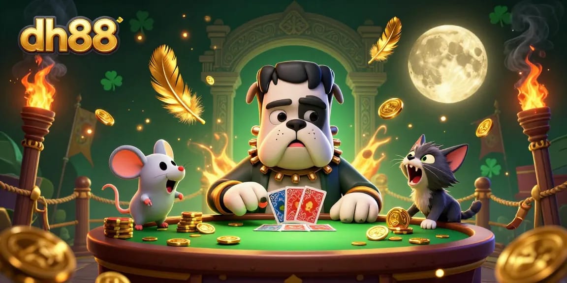 Engage in thrilling gameplay on dh88 while the Frankenstein bulldog deals cards in an immersive casino setting.
