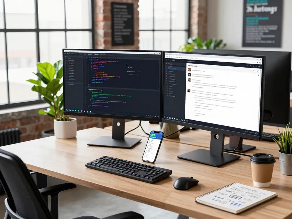 Developer utilizing OpenClaw in a vibrant software environment with dual monitors, coding tools, and a collaborative workspace.