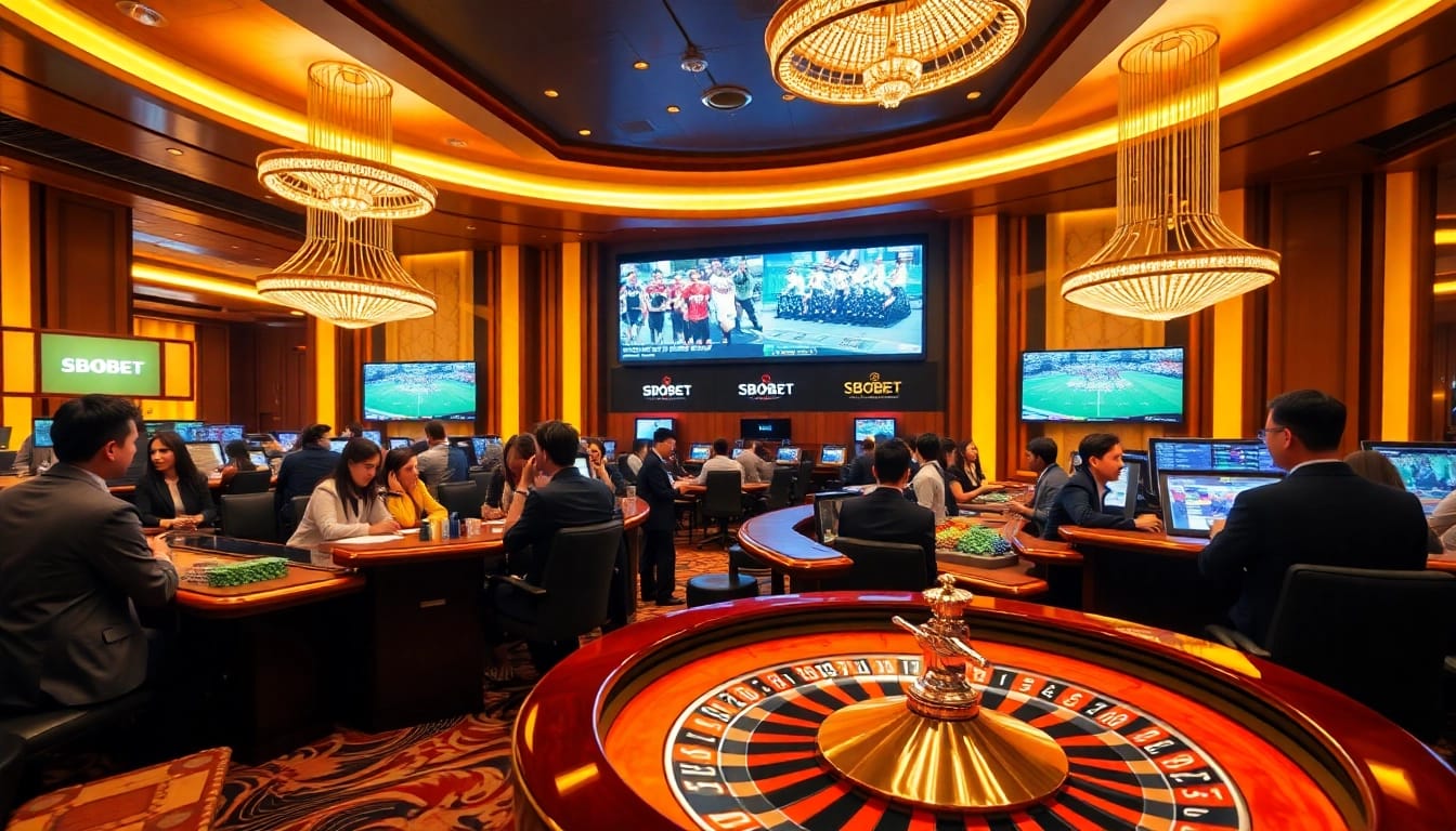 Exciting SBOBET link login betting scene with gamblers at a casino sportsbook.