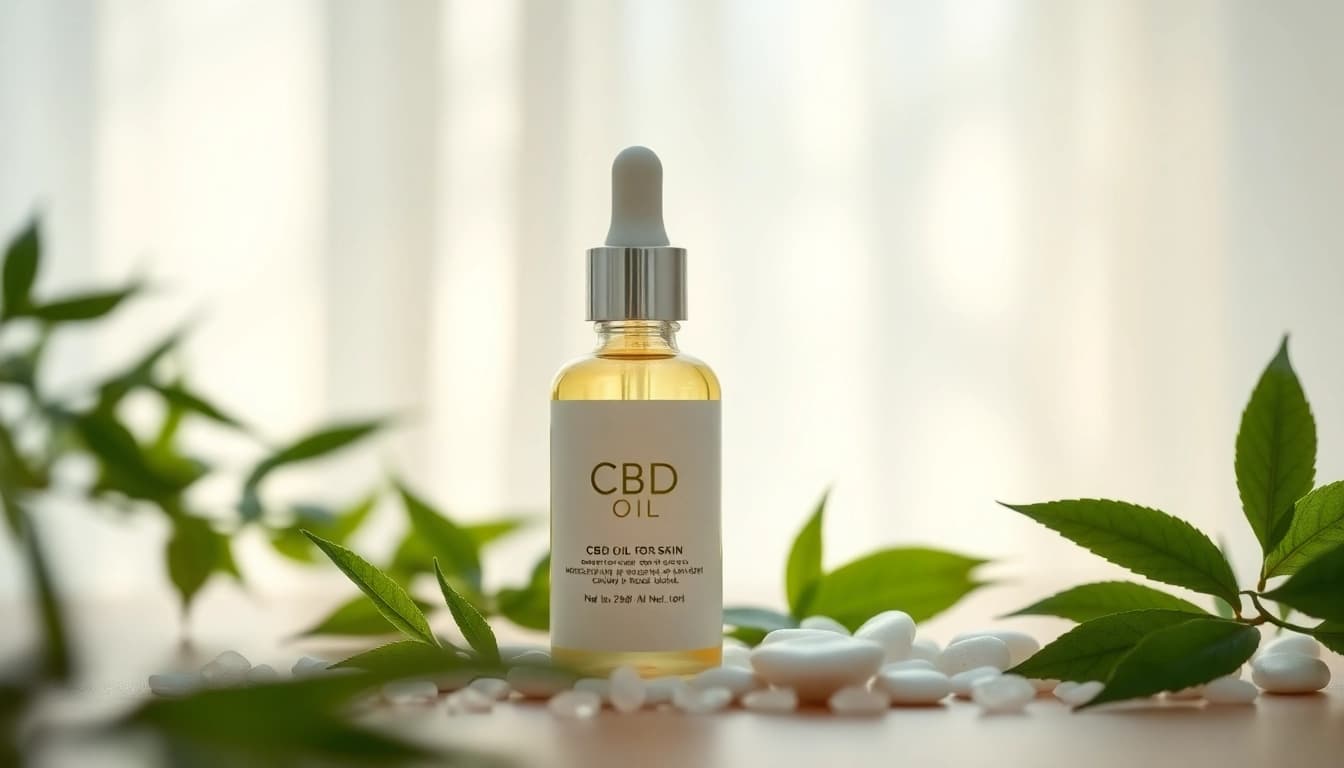 Apply CBD oil for skin placed elegantly among natural elements, showcasing its beauty benefits.