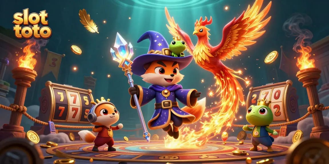 Engage in thrilling slot toto gameplay with a mystical wizard fox and fiery phoenix in an enchanting casino scene.