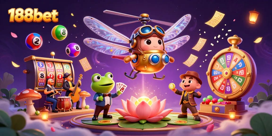 Experience the excitement of 188bet with vibrant slot reels, lottery balls, and lively casino characters.