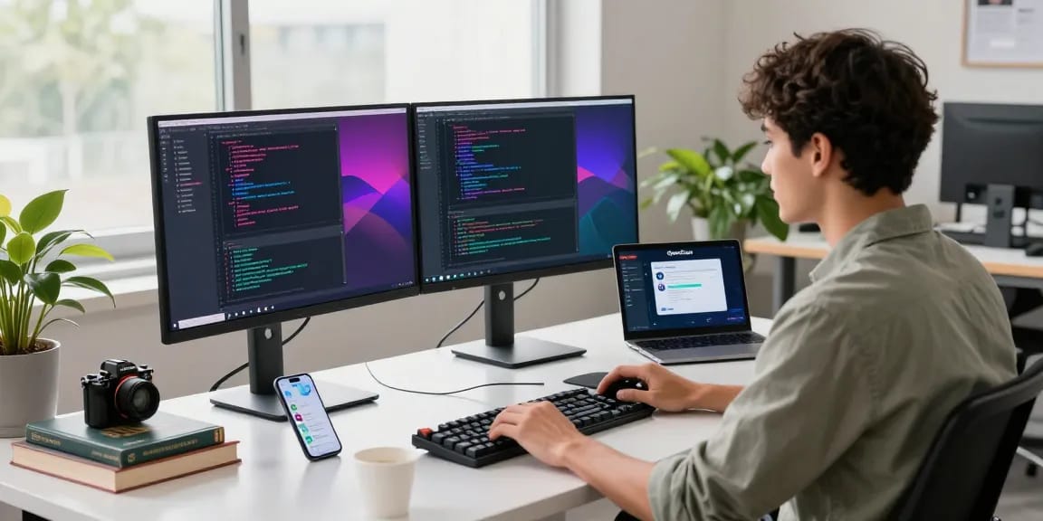 Developer working with Open Claw AI on dual monitors in a modern workspace